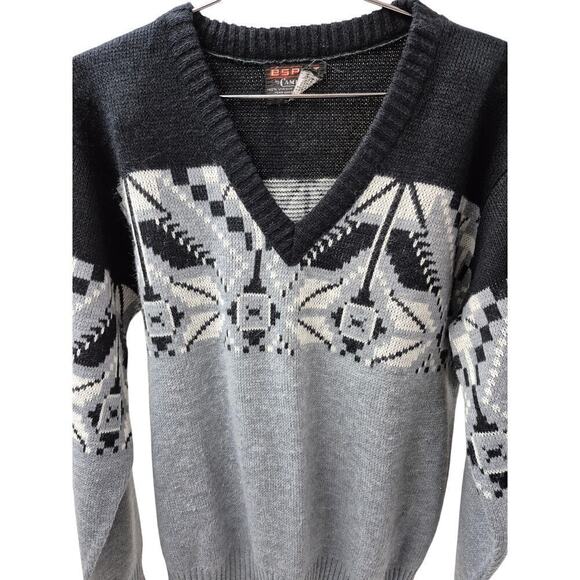 VTG 80s Esprit by Campus Virgin Orlon Acrylic V Neck Sweater Blk/Gry Womens M - Picture 2 of 4